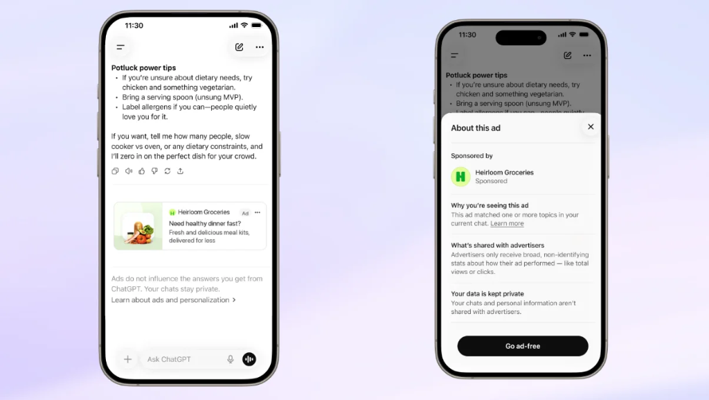 ChatGPT'da reklama qanday ko'rinadi — OpenAI rasmiy reklama namunasi